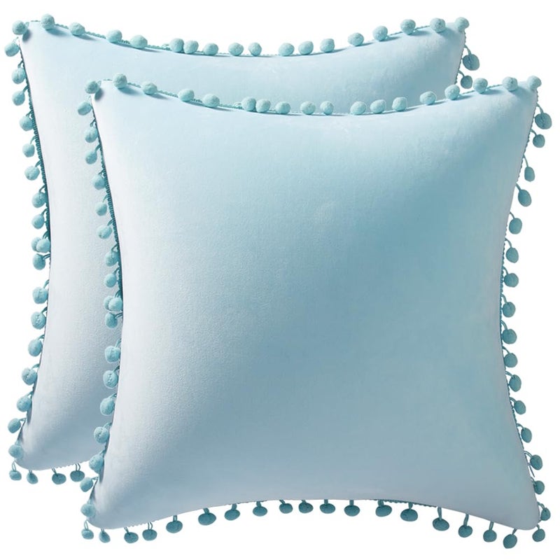 DEZENE Throw Pillow Cases 18x18 Light-Blue: 2 Pack Cozy Soft Pom-poms Velvet Square Decorative Pillow Covers for Farmhouse Home Decor - Image 1